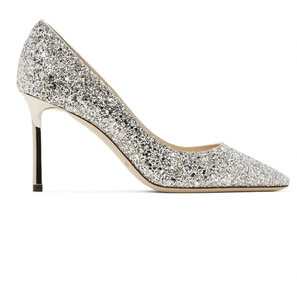 Jimmy Choi Authentic Silver Coarse Glitter Romy 85 Heels - Picture 3 of 9